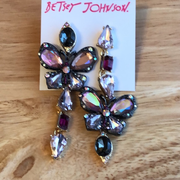 Betsey Johnson Hematite & Gold Tone Mismatch Crystal Butterfly Drop Earrings NWT - Picture 3 of 16